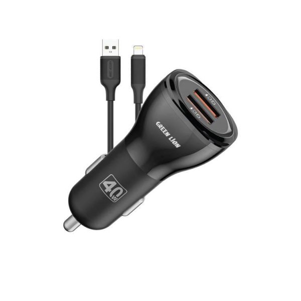 Green Lion Dual QC3.0 Car Charger 40W with USB-A to Lightning Cable – Black