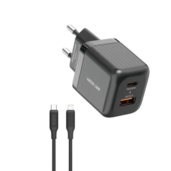Green Lion Ultra Compact GaN Wall Charger EU Pin A+C 20W – Black
