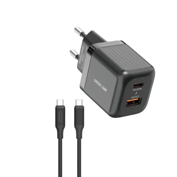 Green Lion Ultra Compact GaN Wall Charger EU Pin A+C 20W (with C to C) – Black
